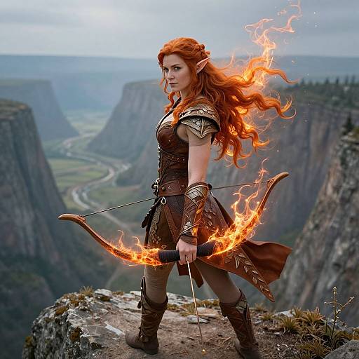 Photorealistic digital art of a fiery red-haired, elven archer with pointed ears, standing on a cliff, holding a flaming bow in a