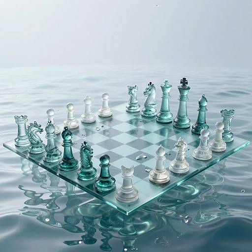 Photograph of a glass chessboard with translucent white and teal chess pieces floating on rippling blue water.
