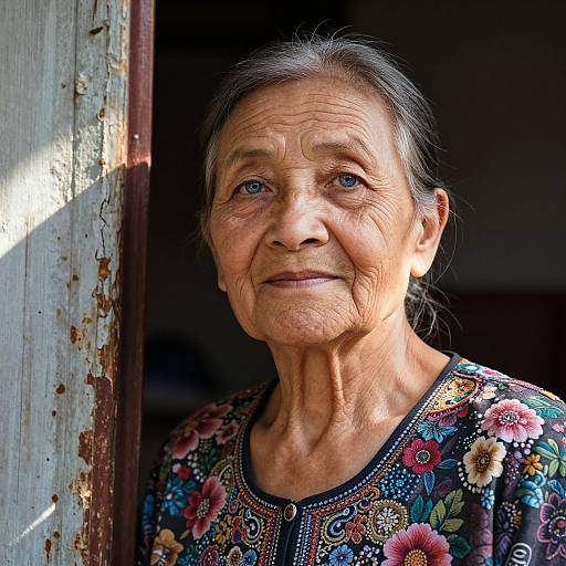 Photograph of an elderly Asian woman with wrinkled skin, blue eyes, and gray hair, wearing a floral-patterned dress, standing in a sun