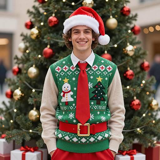 Young Man in Christmas Outfit by Tree
