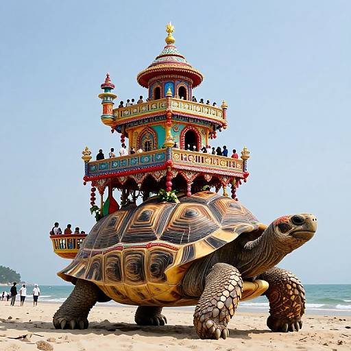 Photograph: Large, colorful, ornate temple on top of a giant tortoise with detailed shell, standing on a sunny beach, people in background