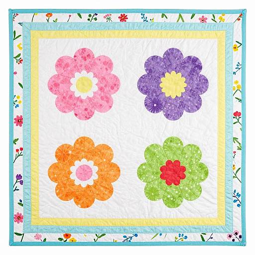 Colorful digital illustration of four textured flowers: pink, purple, orange, and green, in a square quilt pattern with floral border.