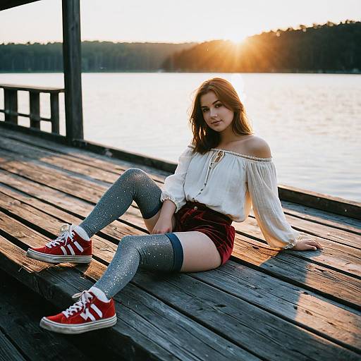 Young Woman Lounging on Lakeside Boardwalk at Sunrise