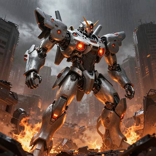 CGI image of a towering, silver, red-eyed robot with glowing orange accents, standing amid a fiery, ruined cityscape under a stormy sky