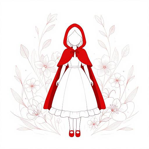 Digital illustration of Little Red Riding Hood in a white dress and red hooded cape, standing centered against a white background with red floral sketches.