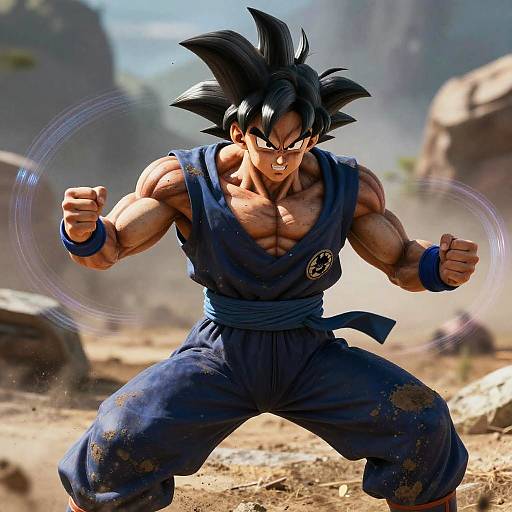 CGI image of muscular, black-haired Son Goku in blue martial arts outfit, fists glowing, standing in a rocky, desert landscape.