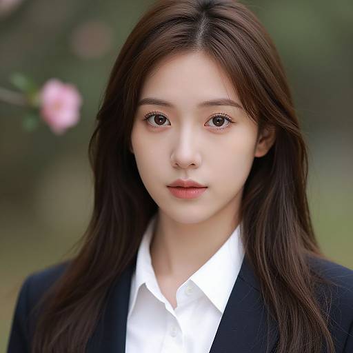 Photograph of an East Asian woman with long brown hair, fair skin, wearing a black blazer and white shirt, with a blurred pink flower in