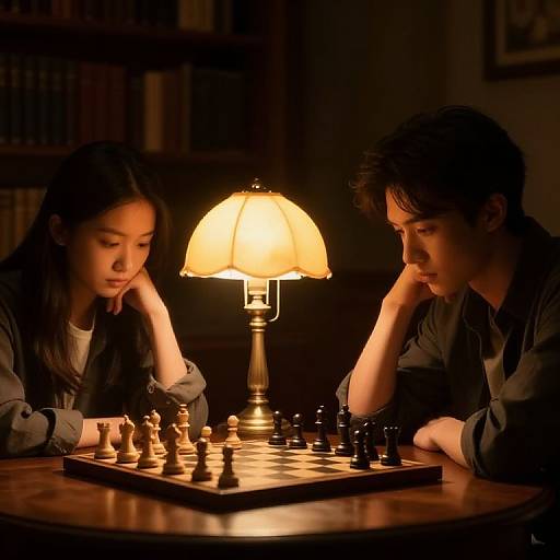 Photograph of an Asian couple intensely focused on a chess game under a warm, glowing lamp in a dimly lit library.