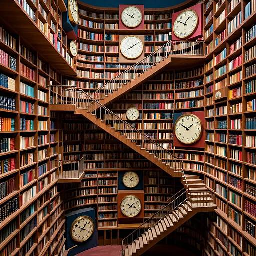 Photograph of a grand library with multiple clock faces on shelves, colorful books, and a wooden staircase with metal railings.