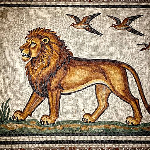 Mosaic artwork of a regal lion standing on grass, with three birds flying above, showcasing detailed tessellated textures in vibrant colors.