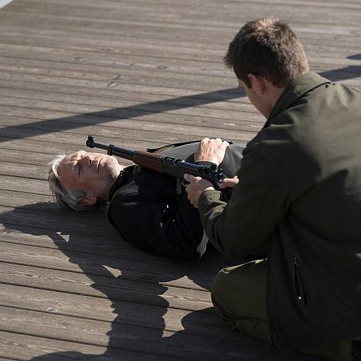 Sunlit Deck: Rifle Across His Chest