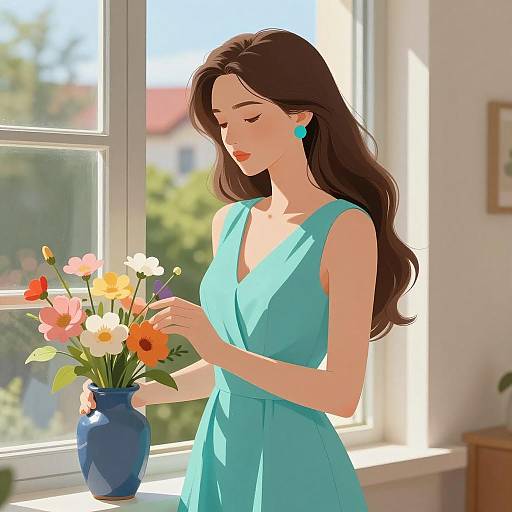 Woman Arranging Flowers by Window