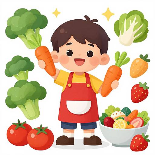 Cartoon boy in red apron, yellow shirt, holding carrots, surrounded by broccoli, strawberries, tomatoes, and mixed veggies bowl, smiling.