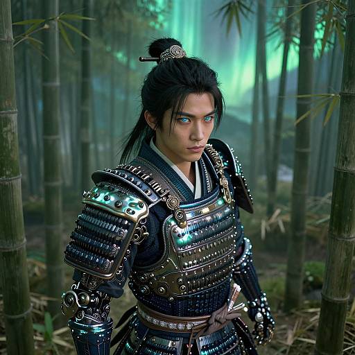 Photorealistic CGI of a fierce, blue-eyed Asian samurai with black hair in a topknot, wearing detailed, shiny armor, standing in