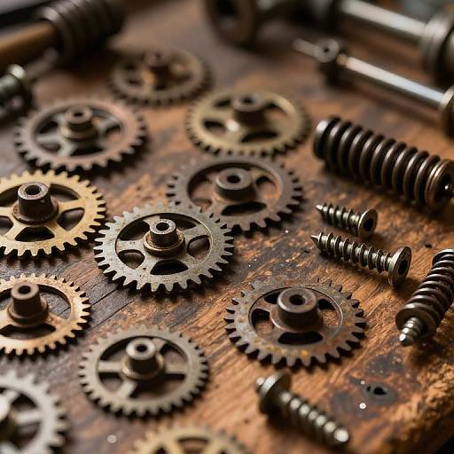 Close-up photograph of metal gears and screws on a rustic wooden surface, showcasing intricate details and textures.