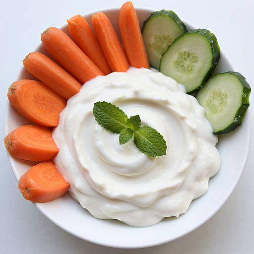 Photograph of a white bowl filled with creamy white dip topped with a mint sprig, surrounded by orange carrot sticks and green cucumber slices.