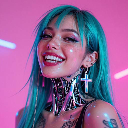 Photograph of a smiling woman with turquoise hair, glossy skin, metallic choker, cross earrings, and tattoos, set against a neon pink background.