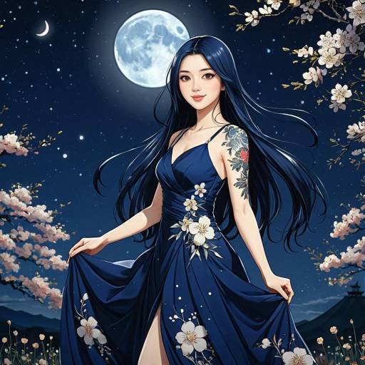 Anime Girl in Dark Blue Gown Under Moonlight