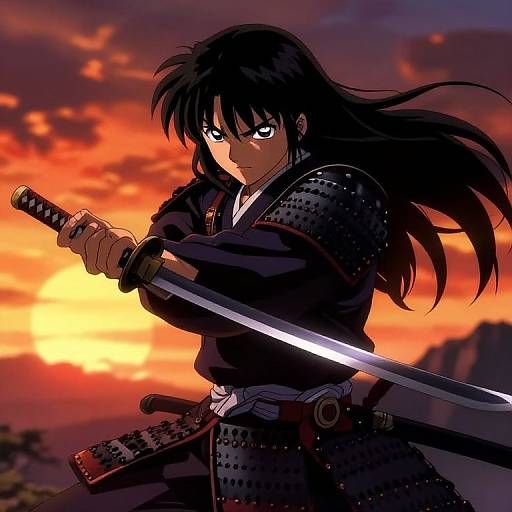 Anime-style digital drawing of a fierce samurai with black hair, intense eyes, and armored clothing, holding a sword against a vibrant sunset sky.