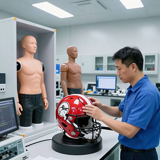 Photograph of an Asian man in a blue polo shirt, fitting a red and white hockey helmet on a headless male mannequin in a bright