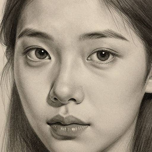 Black-and-white pencil drawing of a young woman with large, expressive eyes, straight dark hair, and subtle features, looking directly at the viewer.