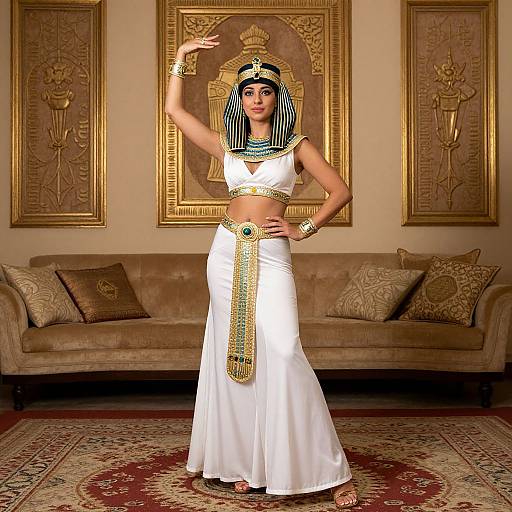 Photograph of an Egyptian-inspired woman in white traditional dress, black-striped headdress, gold accessories, posing in ornate, gold-embellished