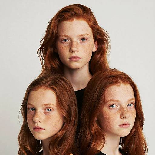 Photograph of three freckled, red-haired girls with wavy hair, standing closely together against a plain white background. Each girl gazes directly