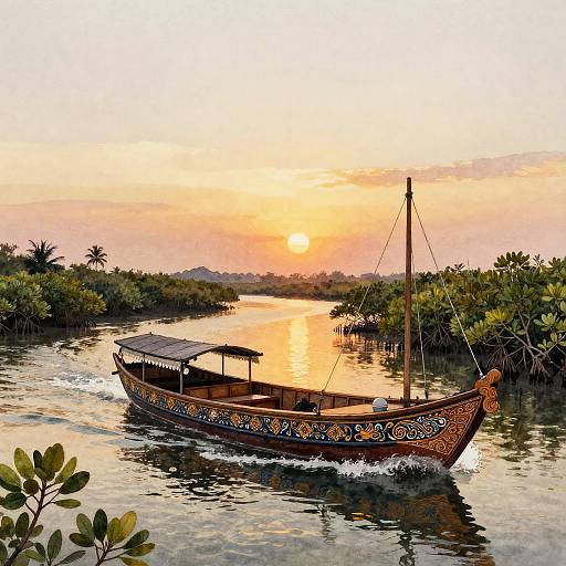 Batik River Barge at Mangrove Sunset