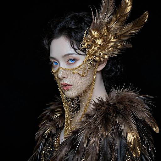 Digital portrait of a pale-skinned woman with bright blue eyes, wearing an intricate golden mask with feathers, and a fur-trimmed garment, set