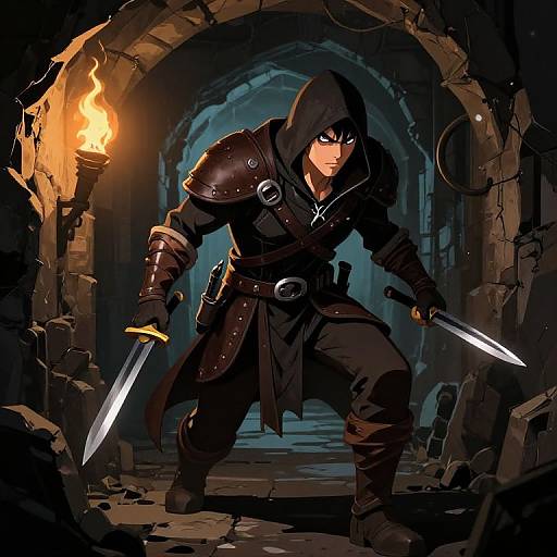 Digital artwork of a hooded, armored warrior with a fierce expression, holding dual knives, standing in a dark, torch-lit, stone dungeon corridor