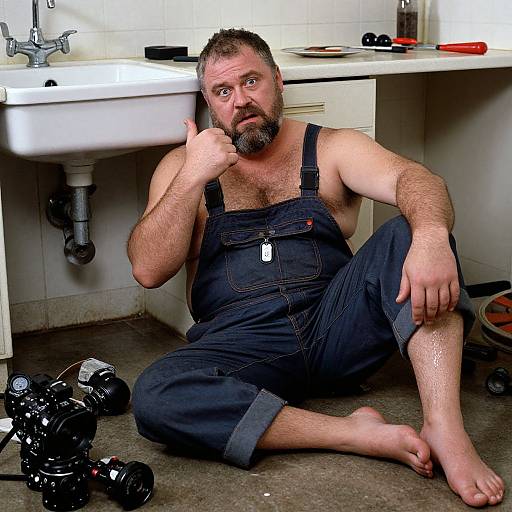 Photograph of a bearded, middle-aged man with a muscular build, wearing dark blue overalls, sitting barefoot on a bathroom floor, surrounded