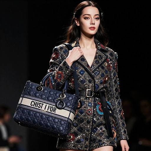 Model Wearing Embellished Outfit with Dior Bag