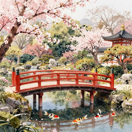 Serene Japanese Garden with Red Bridge and Koi Fish