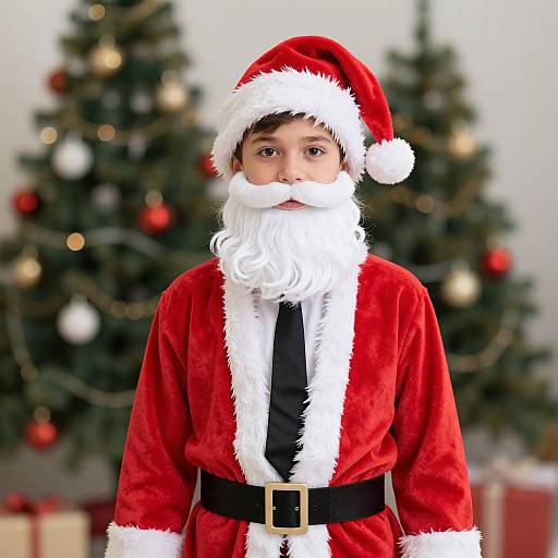Photograph of a young boy with a white beard and Santa hat, wearing a red velvet Santa suit with white trim, standing in front of blurred Christmas