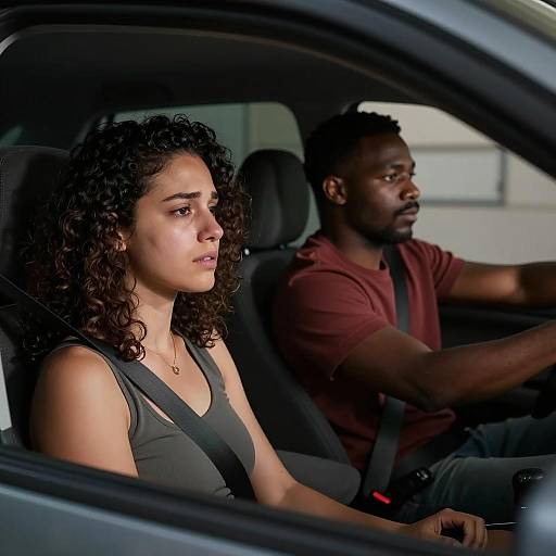 Distressed Woman and Man Driving in Car at Night