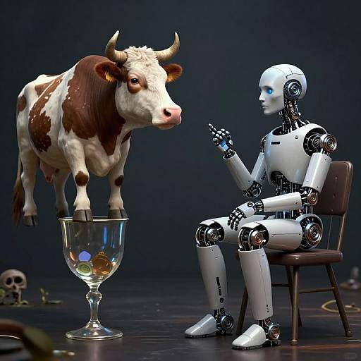 Photorealistic CGI: A white and brown cow with horns stands on a glass bowl, facing a seated, white robotic human gesturing. Dark background