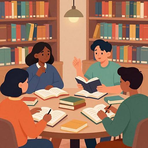 Illustration of four diverse students with dark hair, sitting around a table in a library, studying and discussing with open books.