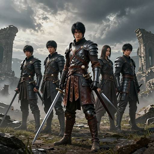 Digital fantasy artwork: Four armored warriors with swords stand in a ruined, cloudy landscape. Central figure with dark hair and brown leather armor leads, flanked