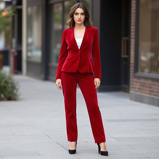 Photograph of a confident woman with wavy brown hair, wearing a red velvet blazer and pants, white top, black heels, walking on a