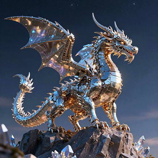 Glowing, metallic dragon sculpture with intricate wings and spikes, illuminated by lights, standing on a rocky crystal base against a dark sky.