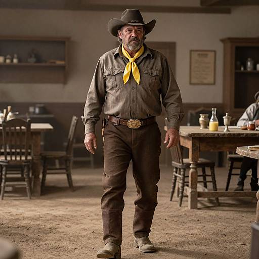 Photograph of a rugged, middle-aged man with a beard, wearing a black cowboy hat, dark shirt, yellow neckerchief, and brown pants