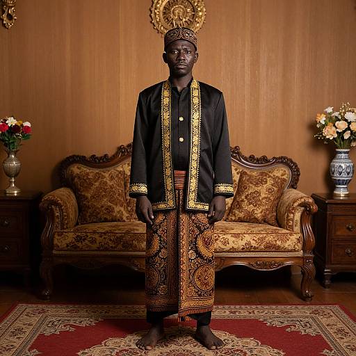Photograph of a Black man in ornate, traditional African attire, standing in a richly decorated, vintage living room with floral-patterned furniture and