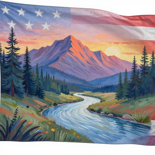 Digital illustration of a winding river through a forest, with a mountainous sunset sky in the background, overlayed with a flag featuring three white stars.