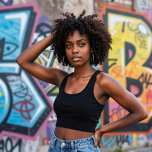 Photograph of a young Black woman with natural afro hair, wearing a black crop top and blue jeans, standing against vibrant graffiti wall, hand in