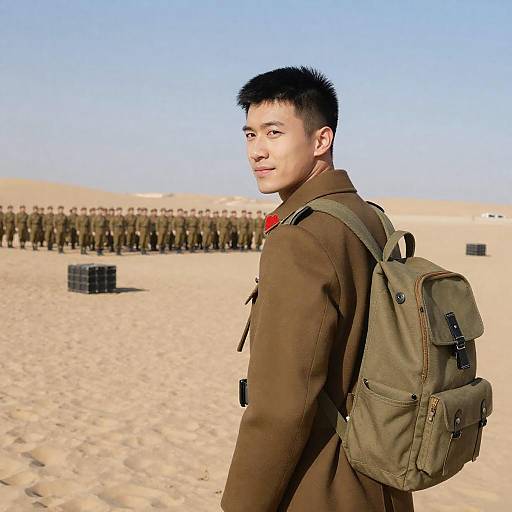 Young Man in Desert Military Scene
