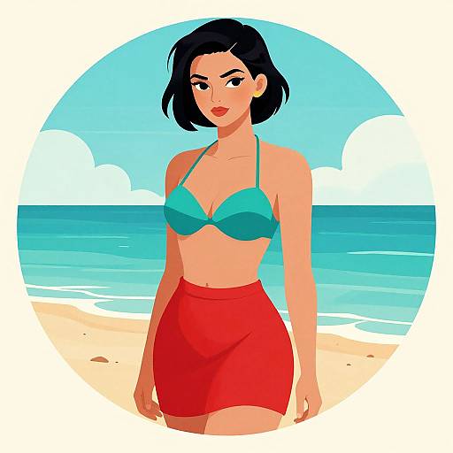 Digital illustration of a confident woman with black bob haircut, green bikini top, and red skirt, standing on a sunny beach with blue ocean and white clouds