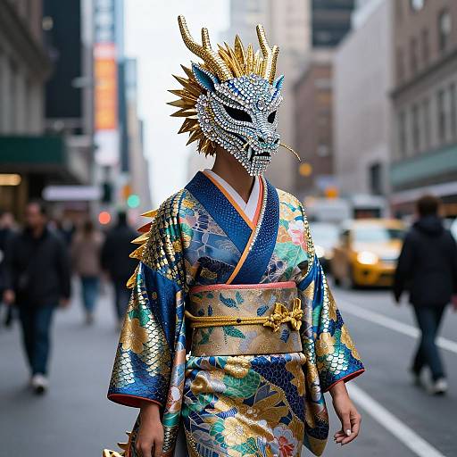 Photograph of a person in a colorful, metallic kimono with a gold-spiked, jeweled mask, standing on a bustling urban street.