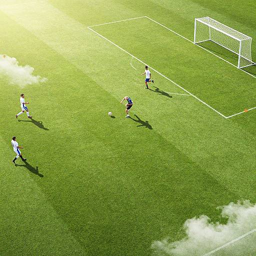Aerial photograph of a soccer match on a bright green field, showing four players in white uniforms and one in red, near a white goalpost with
