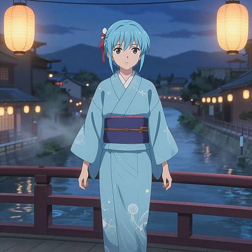 Anime-style drawing of a blue-haired girl in a light blue kimono with white floral patterns, standing on a wooden bridge at night, illuminated by hanging