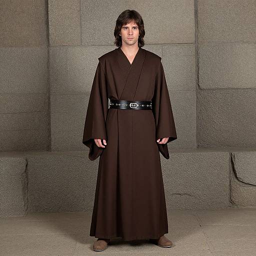 Photograph of a man with medium-length black hair, wearing a black Jedi robe and black belt, standing against a gray stone wall.
